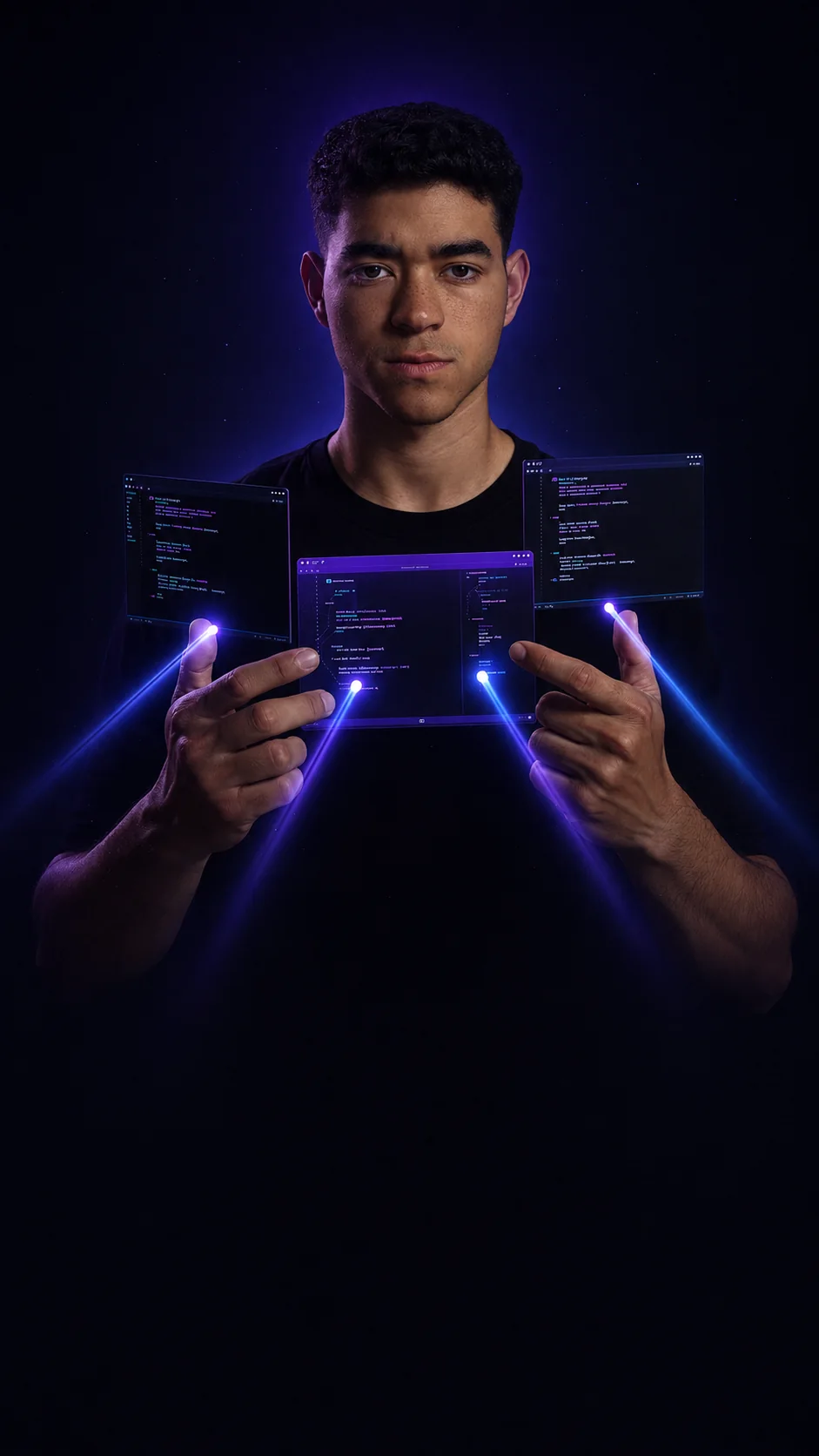 Renato manipulando painéis de código, representando a construção de um projeto com inteligência artificial.